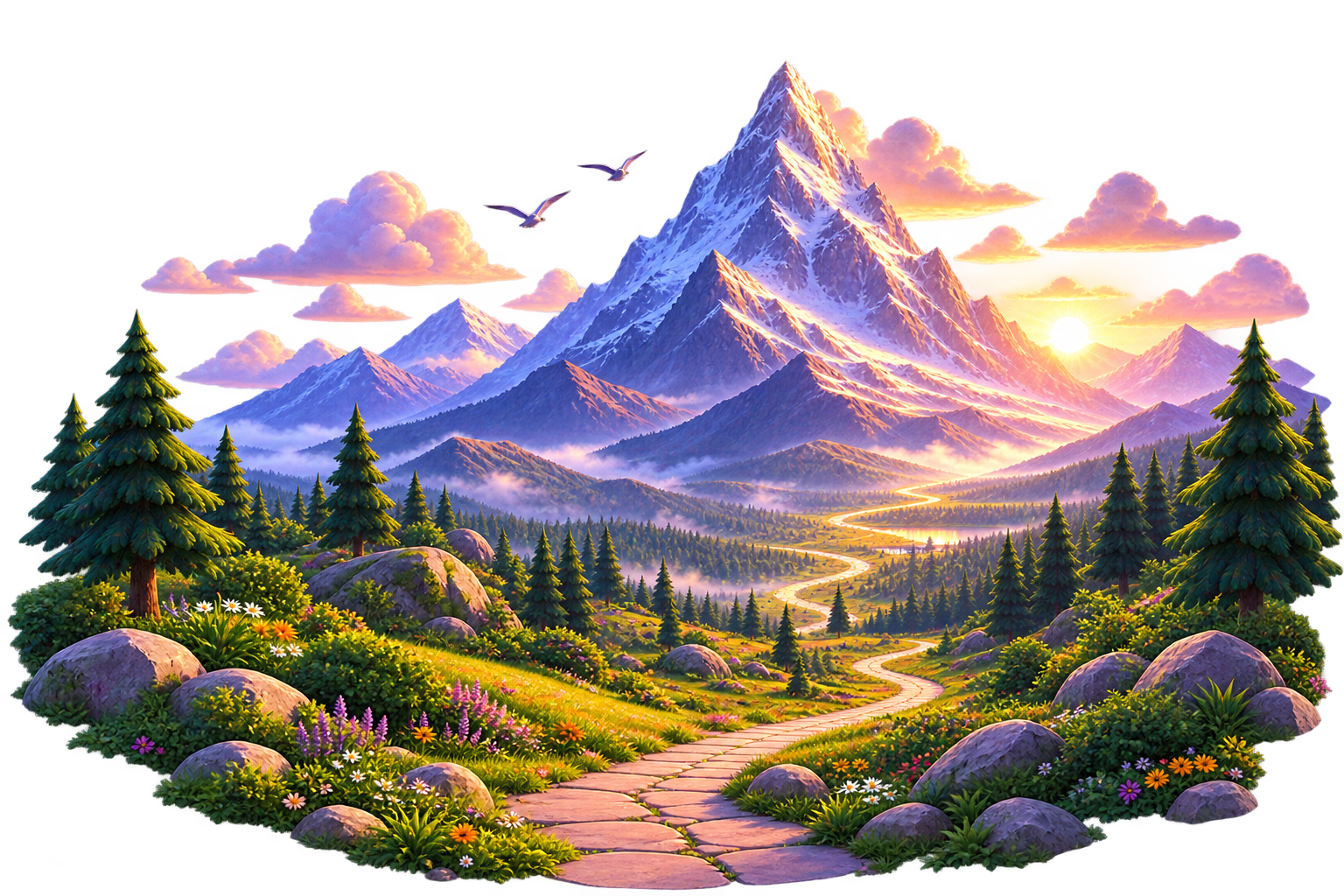 Illustrated mountain path at sunrise