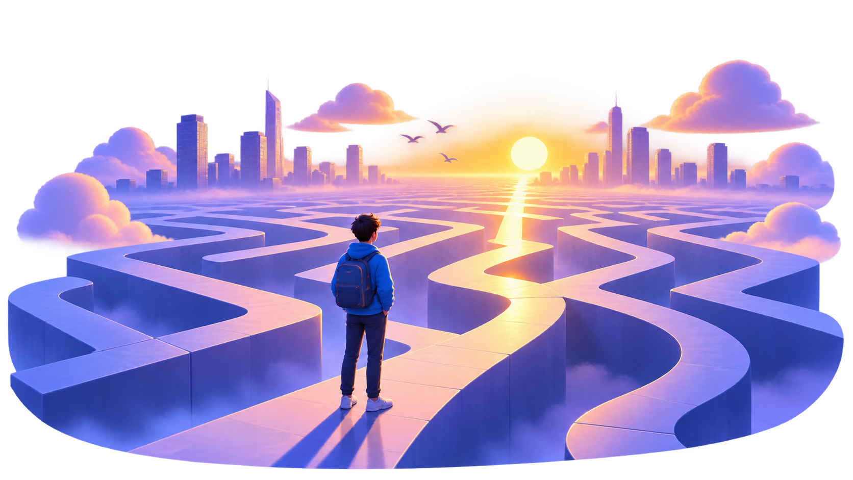 Boy standing before a maze of paths toward a sunrise city