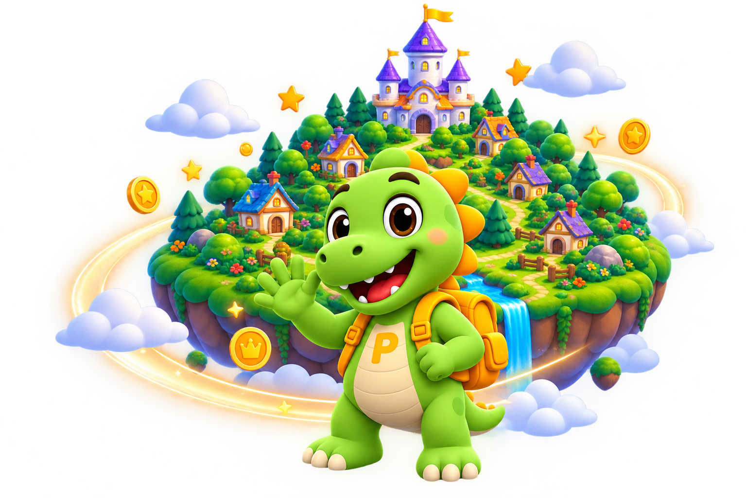 Wise Minds mascot on the floating adventure island