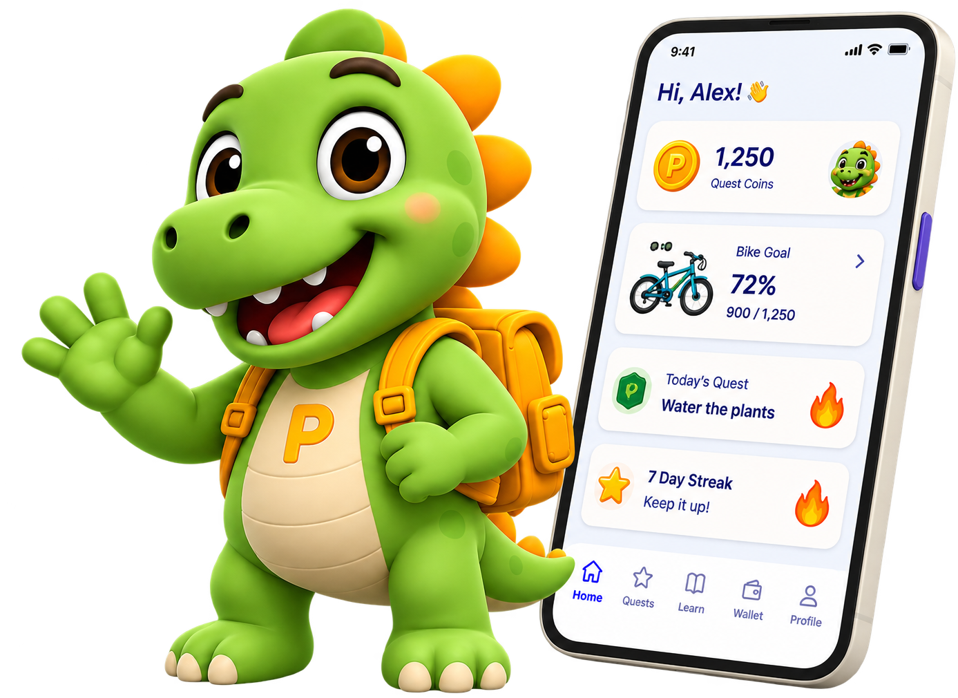 Wise Minds mascot waving next to the app on a phone