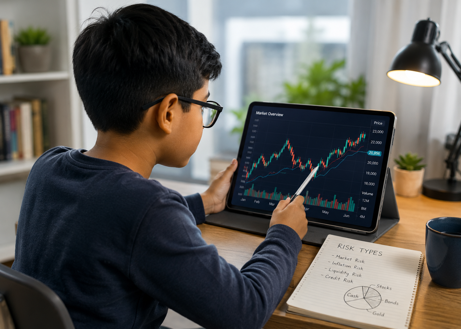 Boy studying an investing chart on a tablet