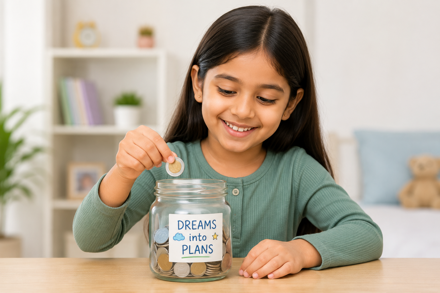 Girl putting a coin into a savings jar