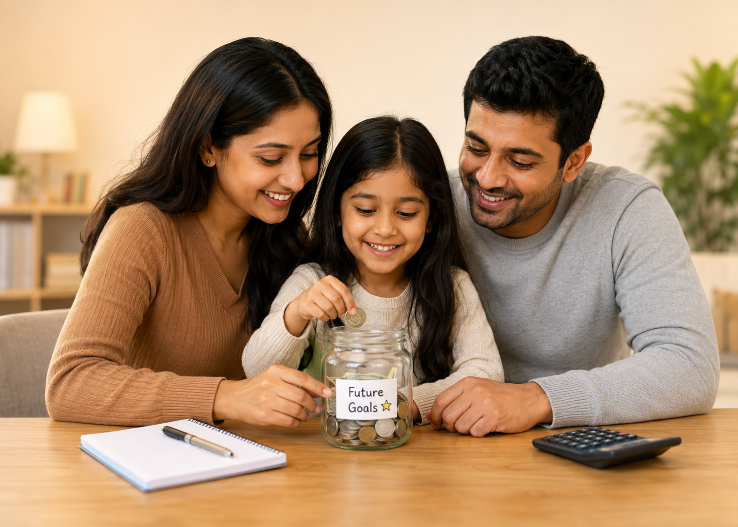 Family talking about a savings jar together